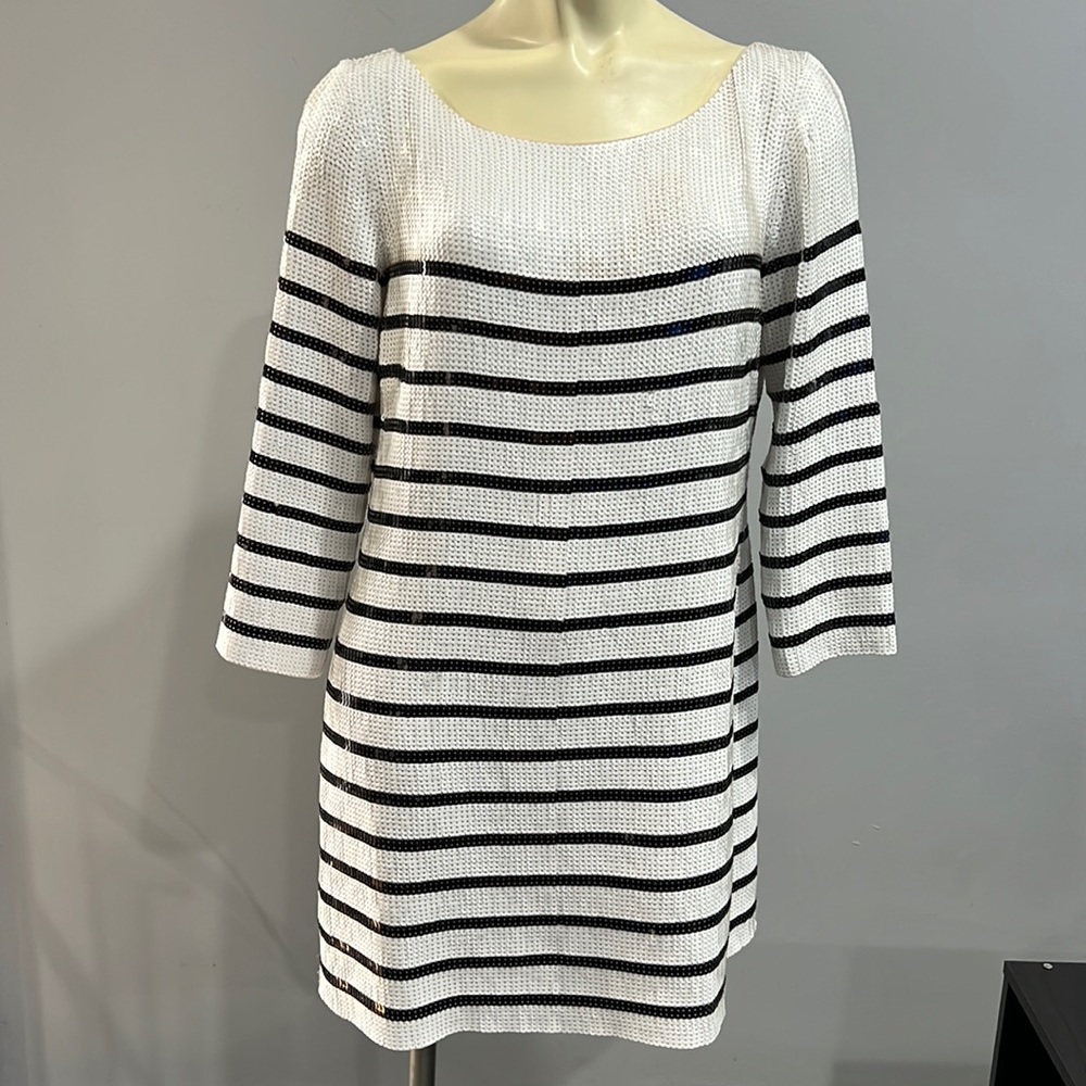 BCBG Black & White Stripe Sequin Dress